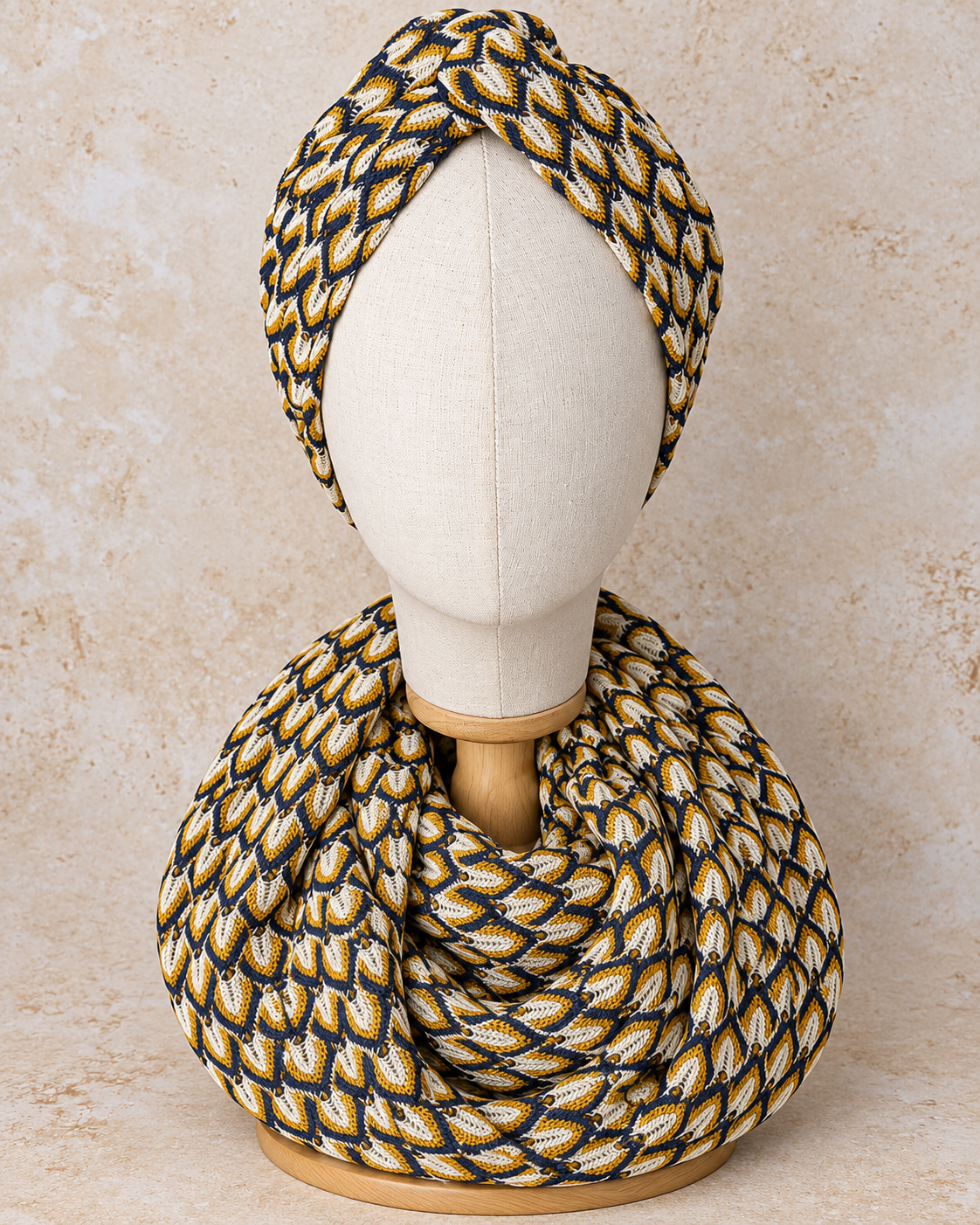 MIRA | Navy Mustard Textured Knit Turban & Snood Set