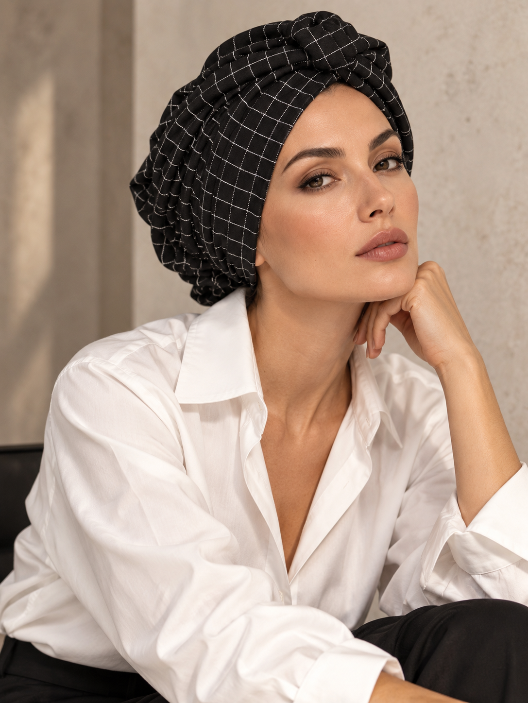 NOIRIA | Black Windowpane Pre-tied Turban + Multiway Band