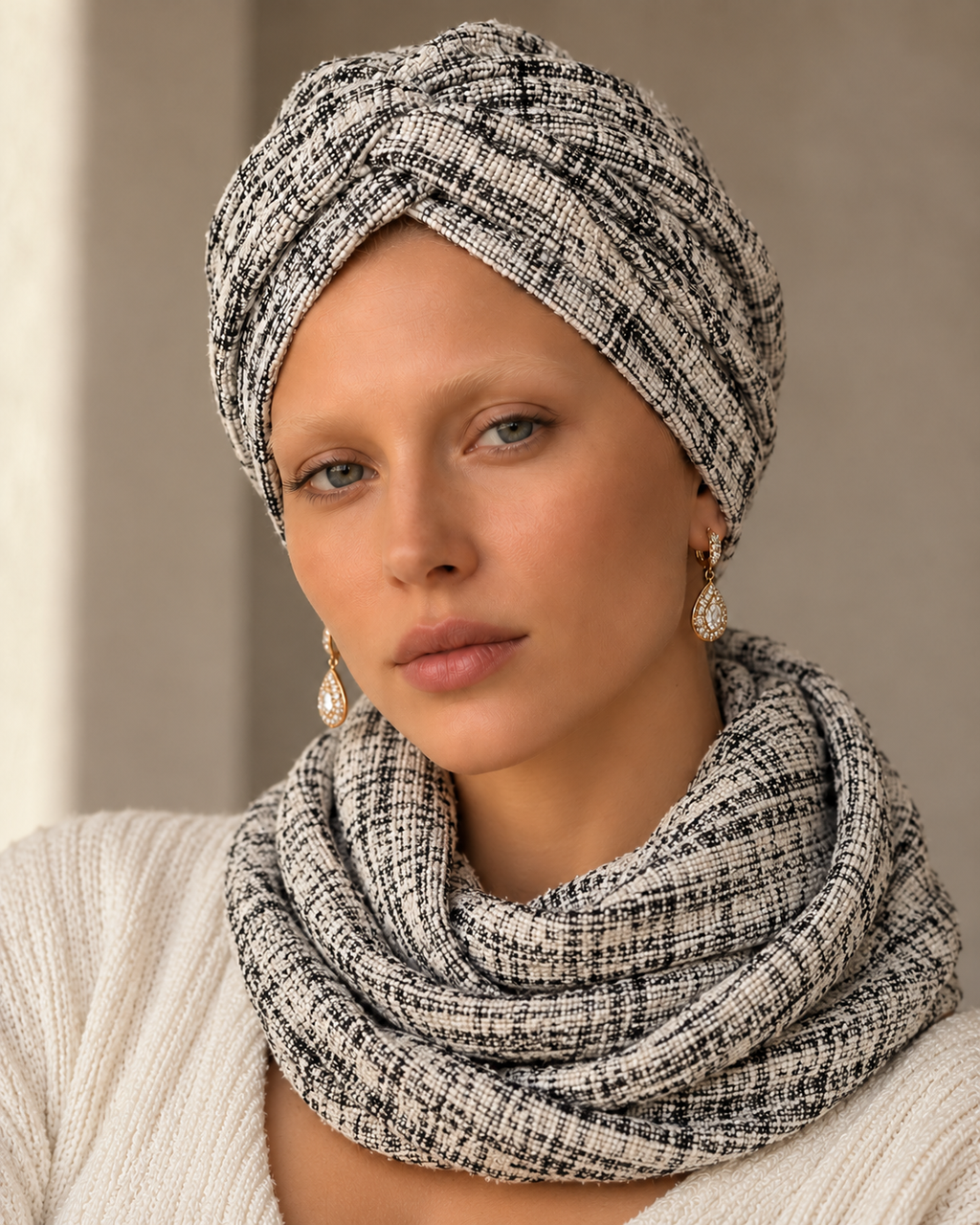 Luna wearing the NOA ivory and black bouclé pre-tied turban with matching snood, shown in a softly lit editorial portrait.