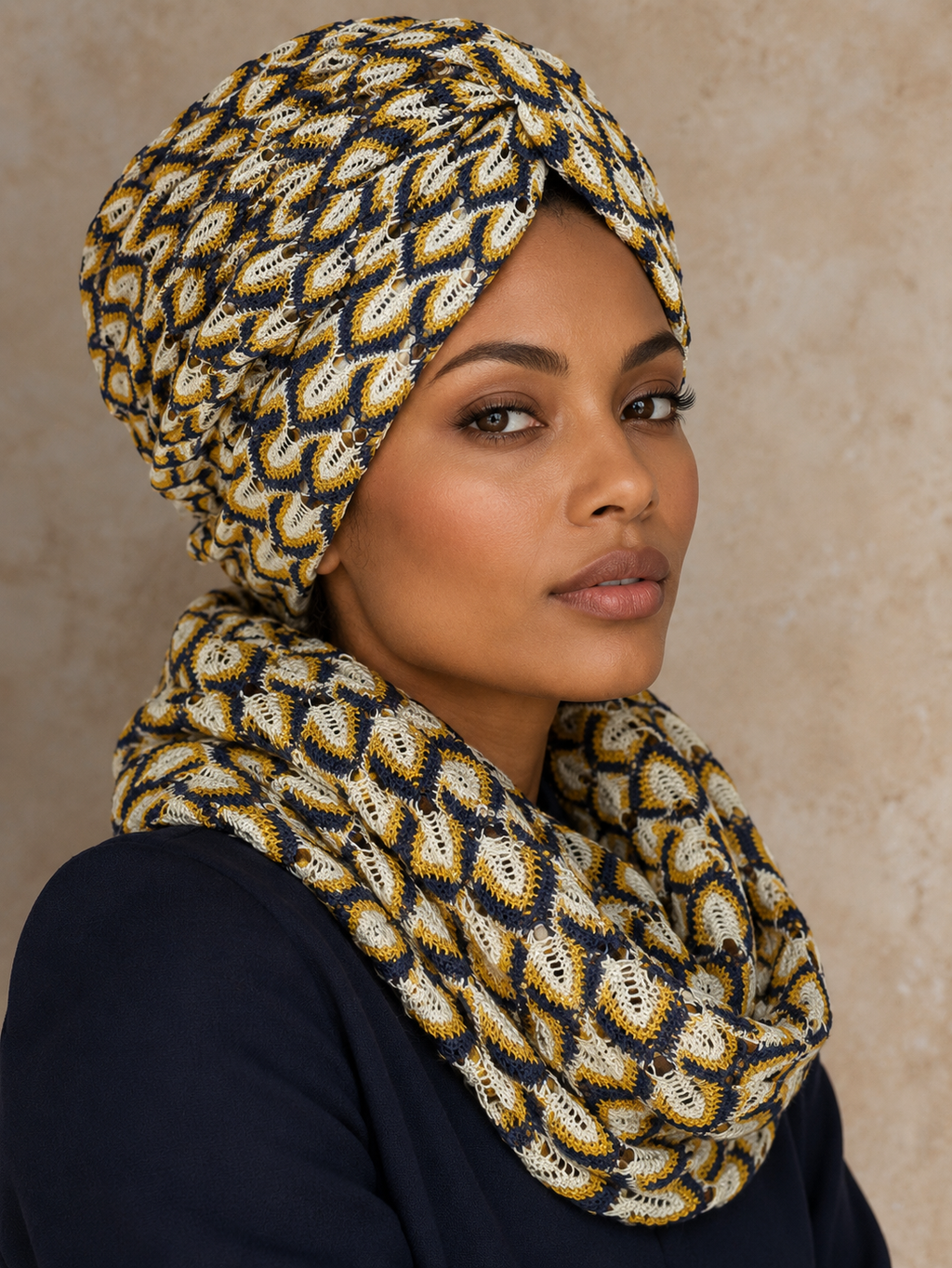 MIRA | Navy Mustard Textured Knit Turban & Snood Set