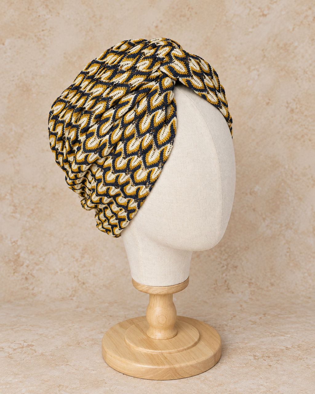 MIRA | Navy Mustard Textured Knit Turban & Snood Set